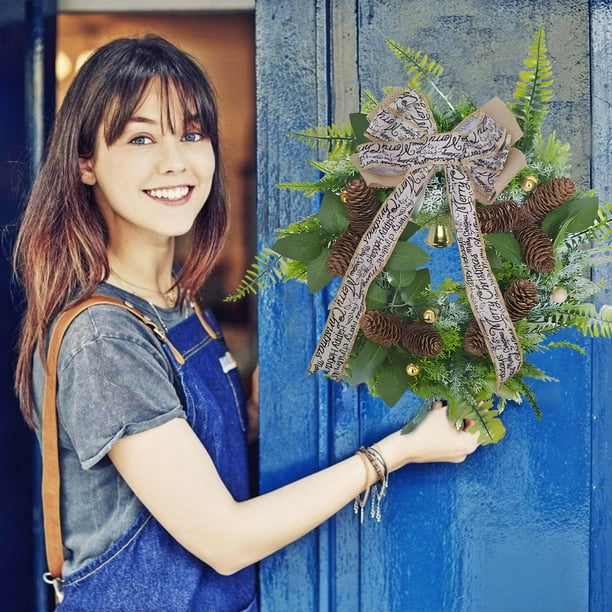 Corona de Navidad para la puerta principal 40cm - Guirnalda artificial con campanas doradas y bayas rojas para porche, pared, decoración navideña interior y exterior