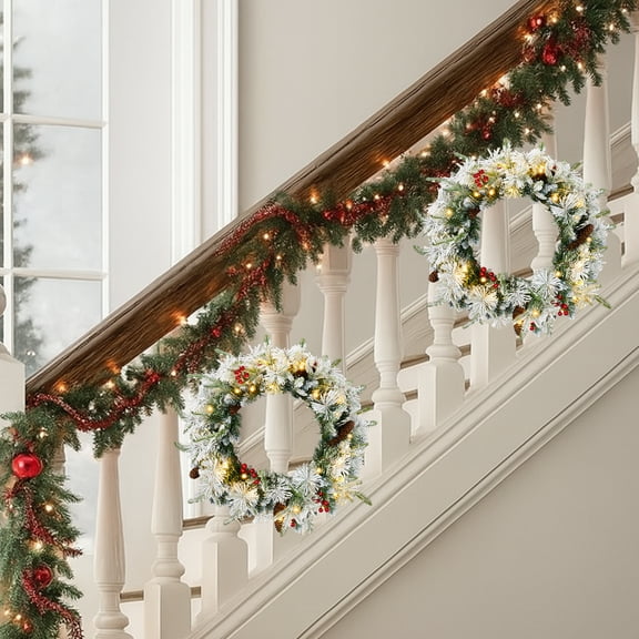 Qiushi 2 Pack Pre-lit Snow Flocked Christmas Wreaths, 18 Inch Lighted Artificial Xmas Wreath with 60 Warm White LEDs, 140 Tips, Red Berries & Pine Cones for Front Door, Outdoor Holiday Decor