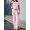 thumbnail image 6 of Women's 2-Piece Lounge Set with Ruched Short Sleeve Top and High-Waist Wide Leg Pants Pink XL, 6 of 10