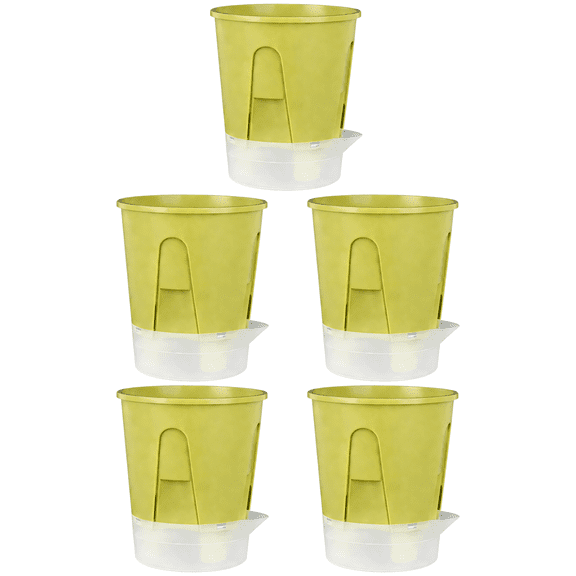 5 Pcs Self Watering Pots, 4.7 in Lazy Flower Pot with Transparent Tray, Olive Green, PP Resin Plant Pot with Saucer for Home, Balcony, Modern Home Planter Set