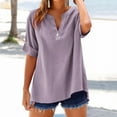 thumbnail image 2 of Holzkary Loose Shirt Top Stand Solid Color Sleeve Collar Casual Womens Short Sleeve Summer Tops Casual V Neck Button Down Shirts Loose Fitted Solid Color Tees Fashion Ladies Tops Purple M, 2 of 9