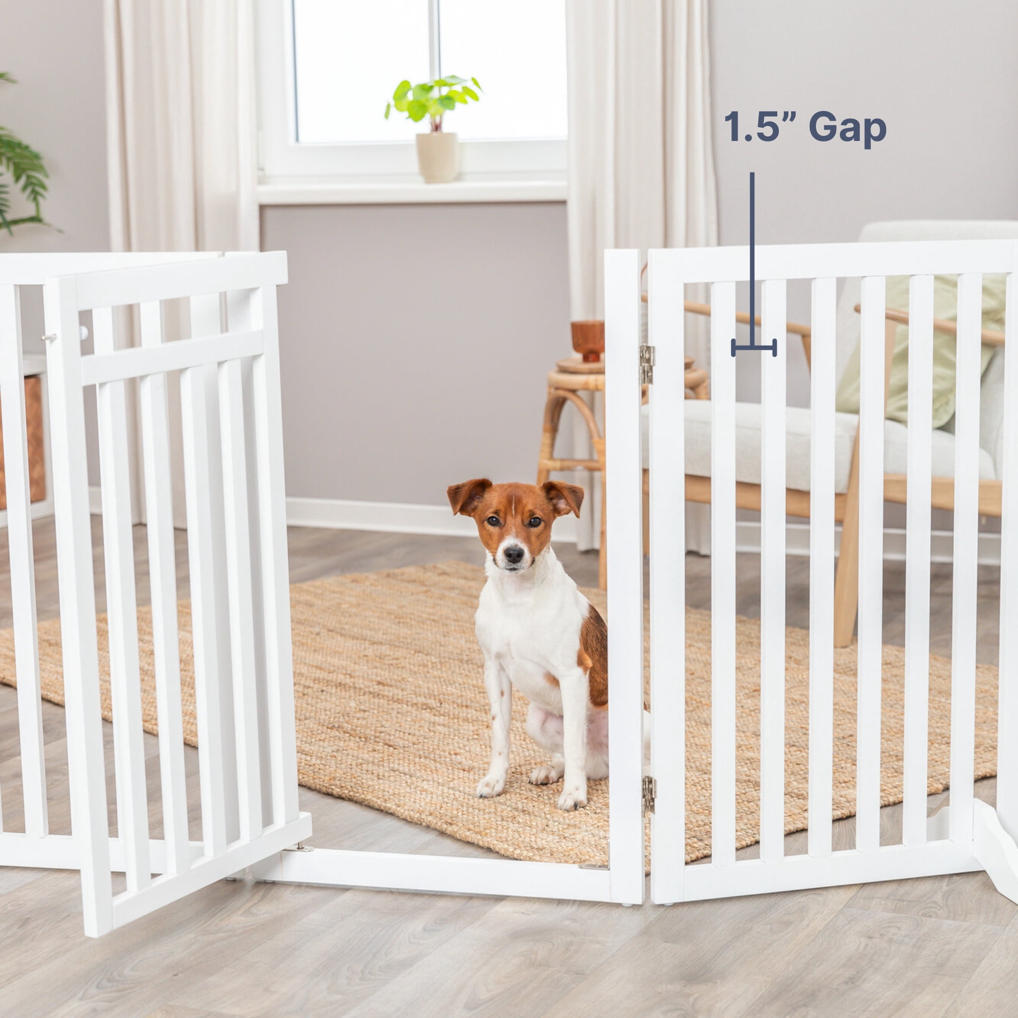 TRIXIE 4-Panel Foldable Wood Freestanding Pet Gate, Walk Thru Door, Expands to 81.2", White