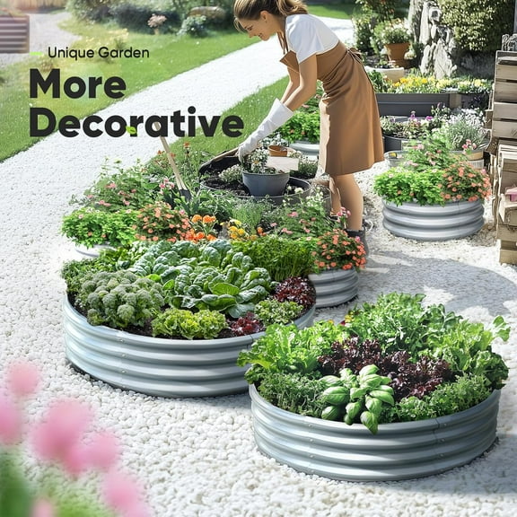 Raised Garden Bed Galvanized Round Planter Box Outdoor for Gardening, Plants, Vegetables, Flowers, Silver, 47x47x12 in