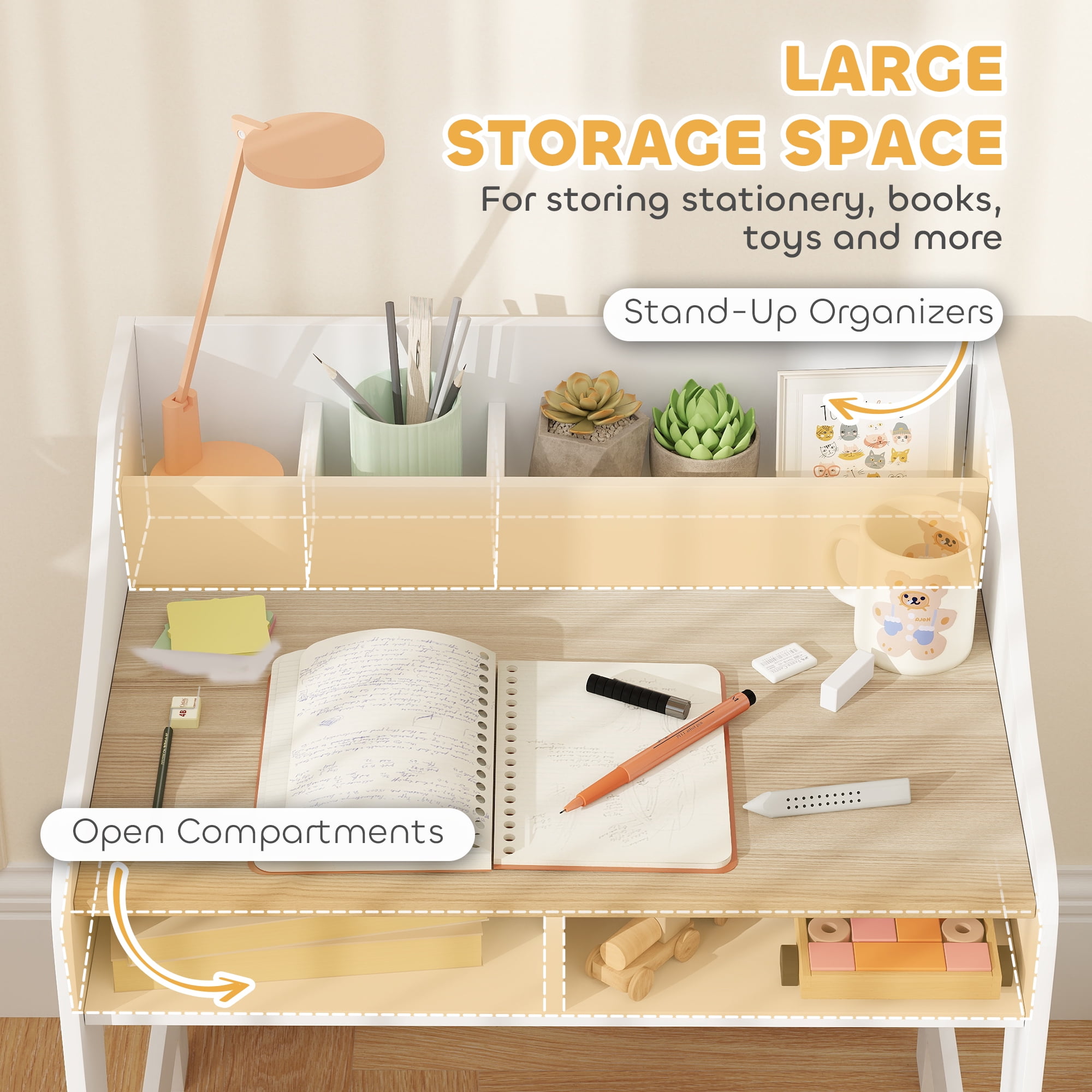 Qaba Kids Desk and Chair Set, Children Study Table with Storage Shelves, Student Writing Desk for Bedroom & Study Room, 3-8 Years Old, Natural Wood