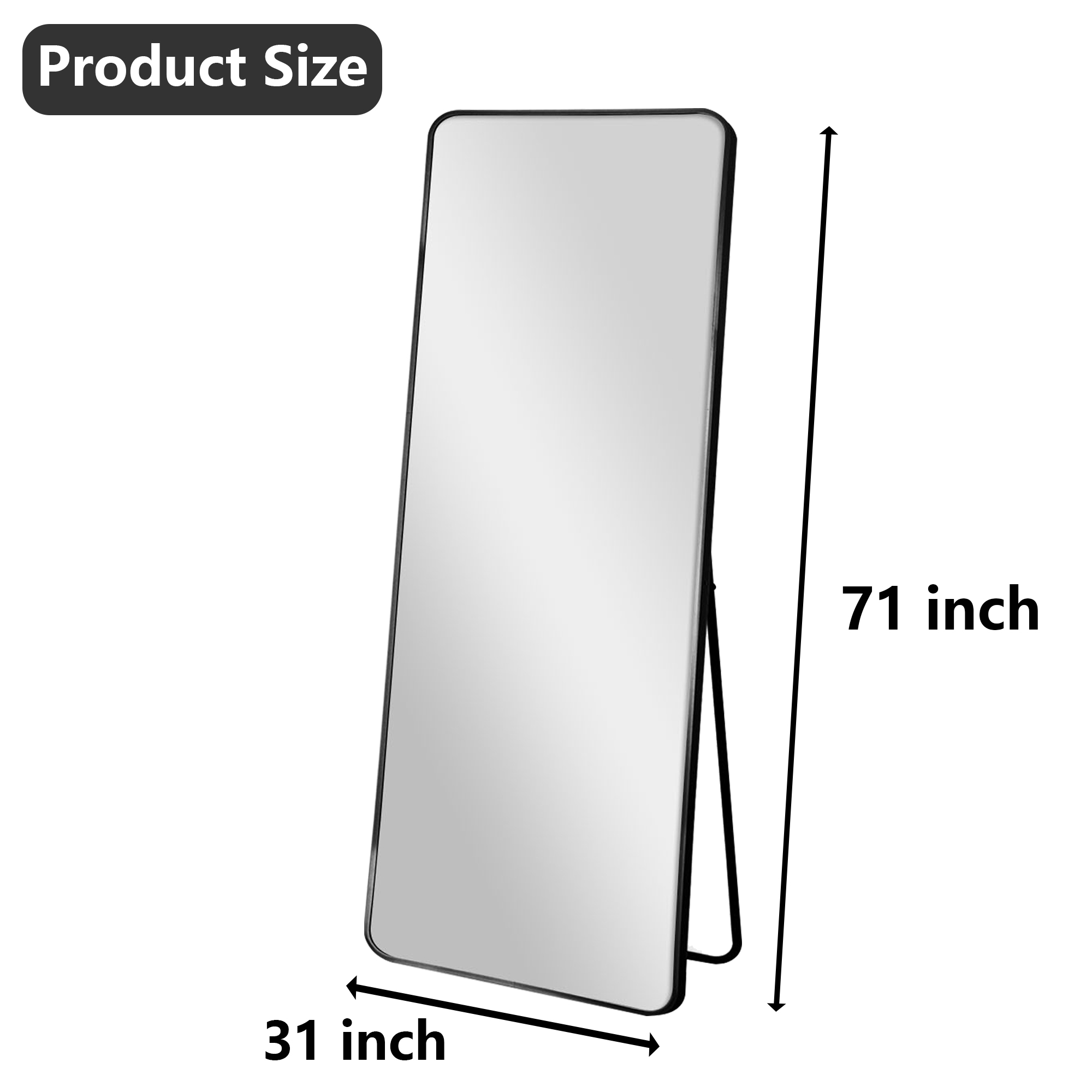 MAYEERTY Black Rounded Corner Full Length Mirror, Wall Mount or Freestanding for Bedroom/Living Room, 71" × 32"
