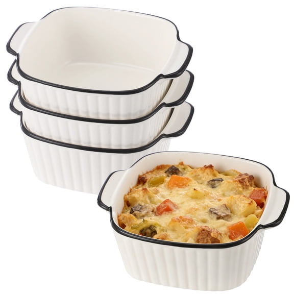 4 Pcs Casserole Dishes, Small Ceramic Baking Dishes with Double Handle, White Ribbed Individual Soup Bowls for Lasagna, Desserts, Noodles
