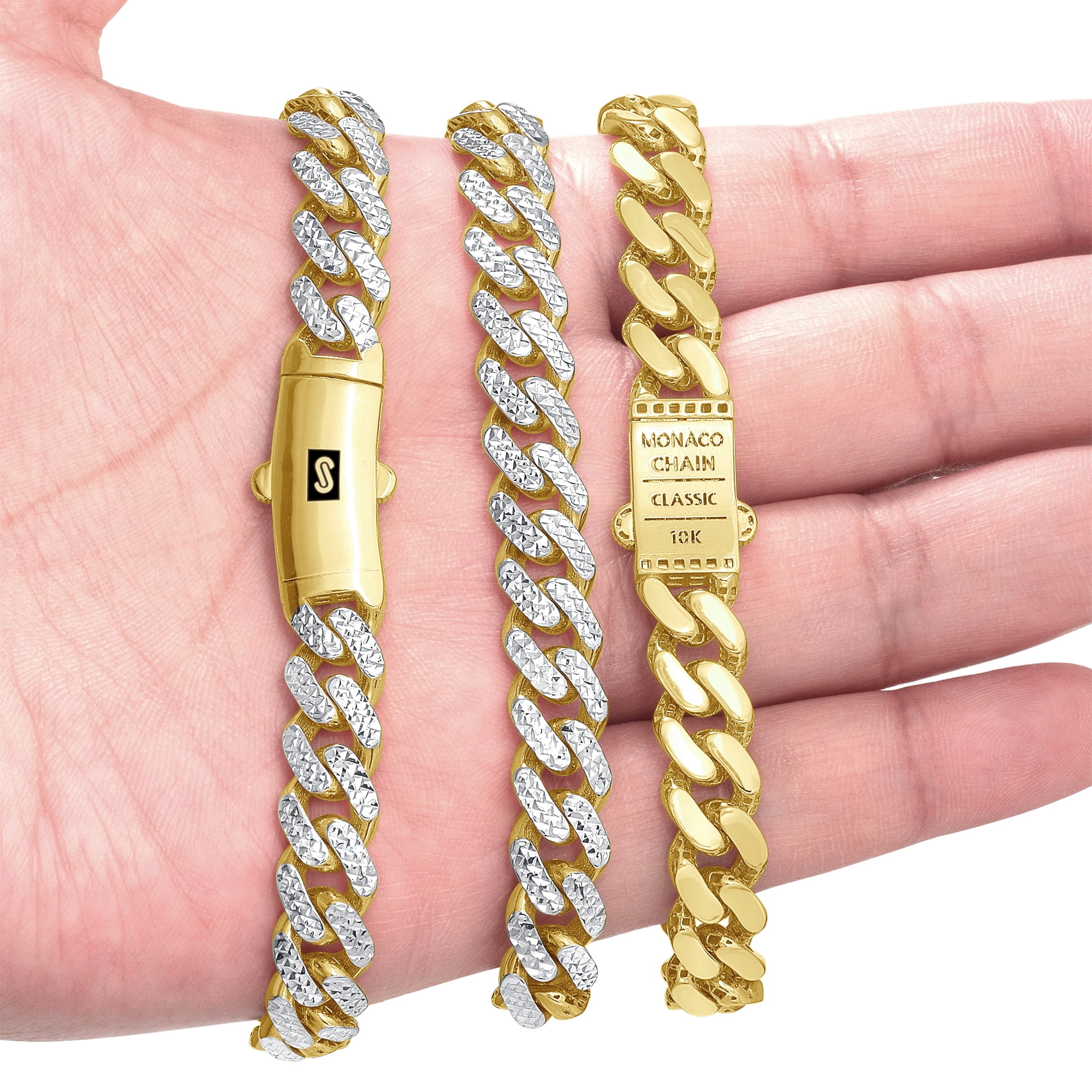 Nuragold 10k Yellow Gold 9mm Monaco Miami Cuban Diamond Cut Pave Link Chain  Bracelet, Mens Jewelry with Fancy Box Clasp 7 7.5 8 8.5 9