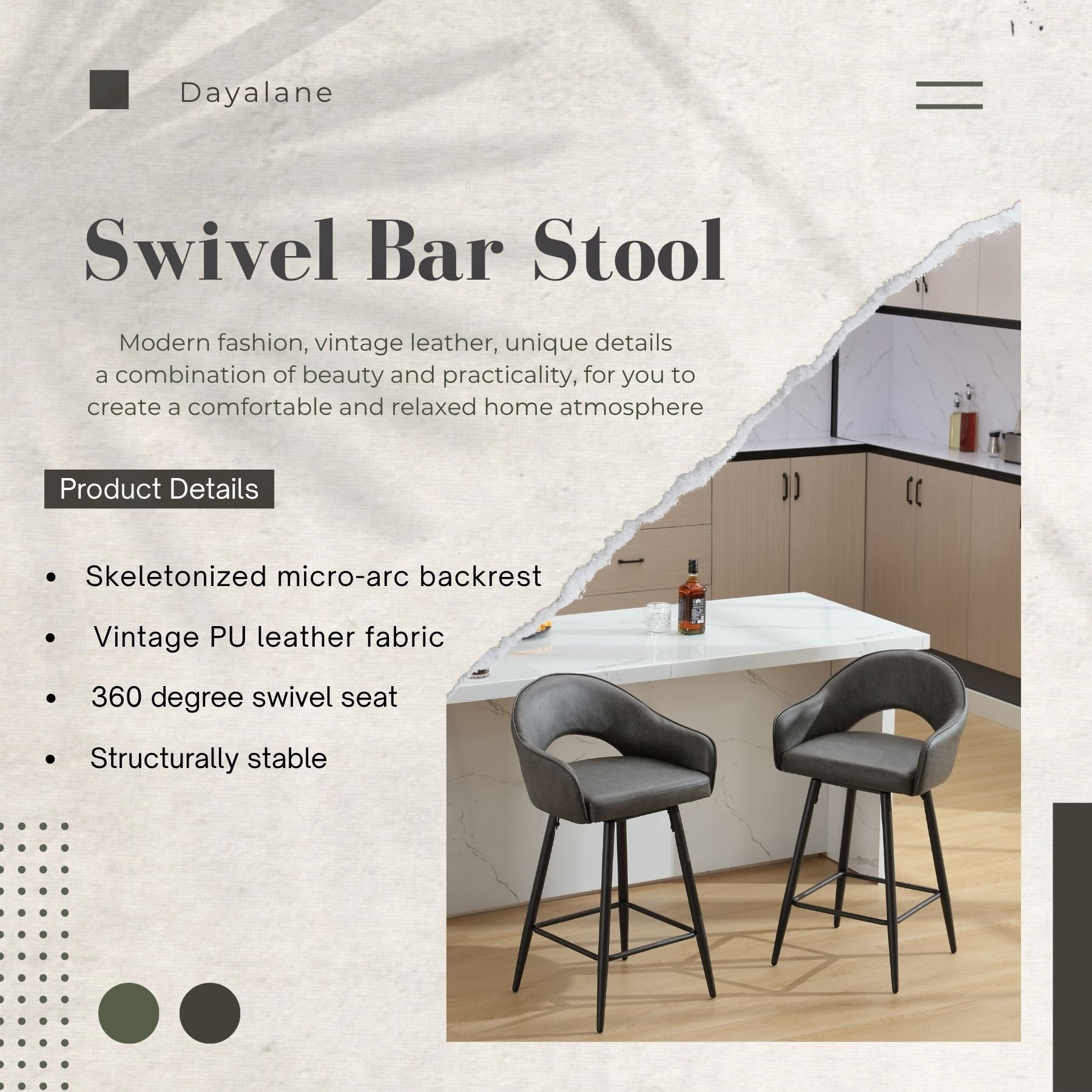 27" Modern Swivel Bar Stools Set of 2, PU Upholstered Counter Height Stools with Metal Legs, Hollow Curved Backrest for Kitchen Island, Home Bar, Bistro,Grey