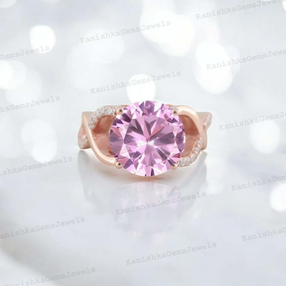 KANISHKAGEMS&JEWELS 8 mm / 3.5 Ct Round Pink Sapphire Wedding ring Split Shank Diamond Crossover Ring Yellow Gold Plated Engagement Ring For Women Customized Jewerly