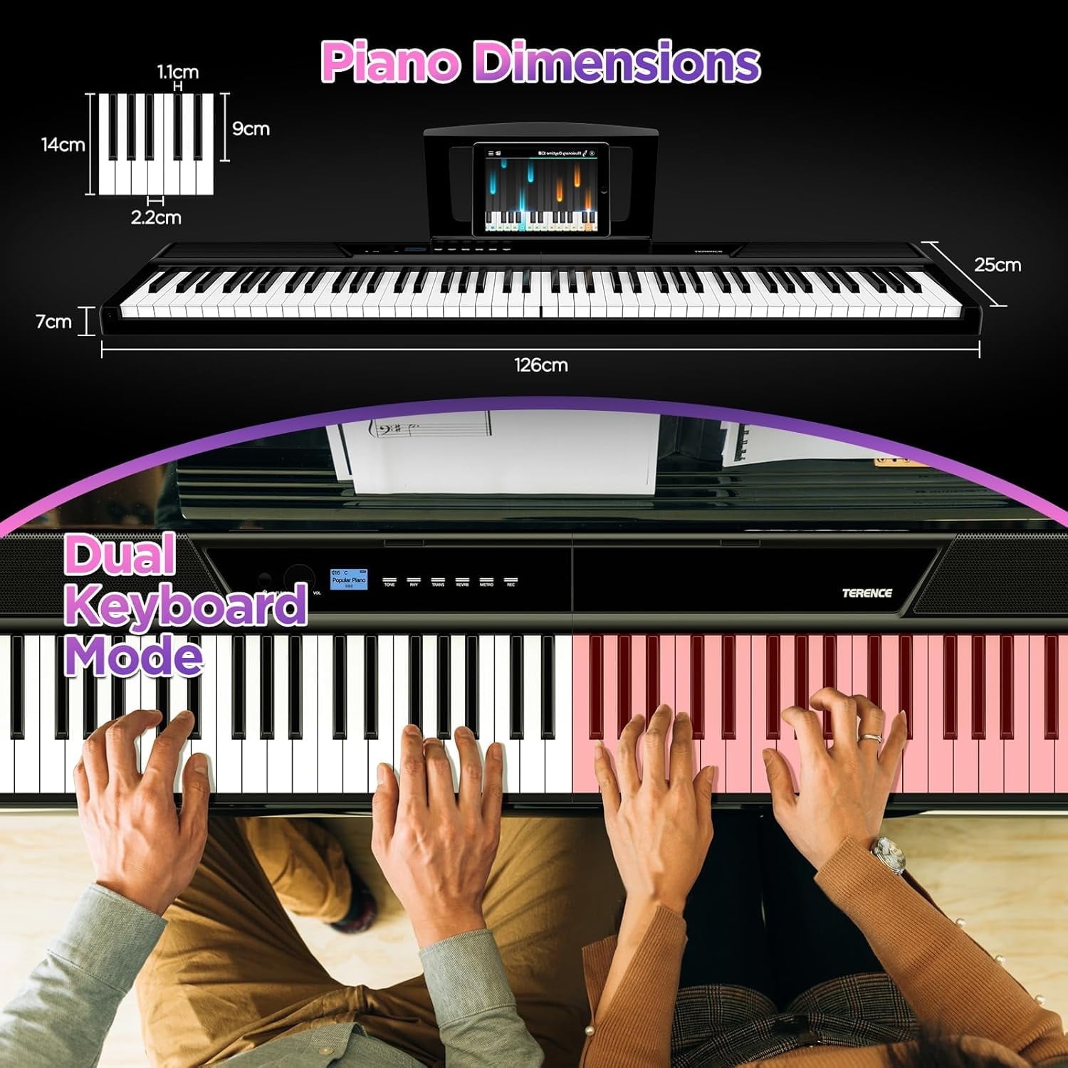 TERENCE Keyboard Piano 88 Keys V50 Digital Piano Weighted Dynamic Keyboard 30W Speakers Touch-Sensitive Control Panel Inbuilt Video and Audio Recording Feature
