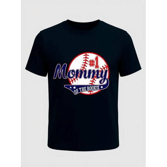 Women's 1st Birthday Baseball Theme "Mommy Of The Rookie" Graphic Tee - Black Casual Short Sleeve Round Neck T-Shirt, Machine Washable Matching Party Top for Sports