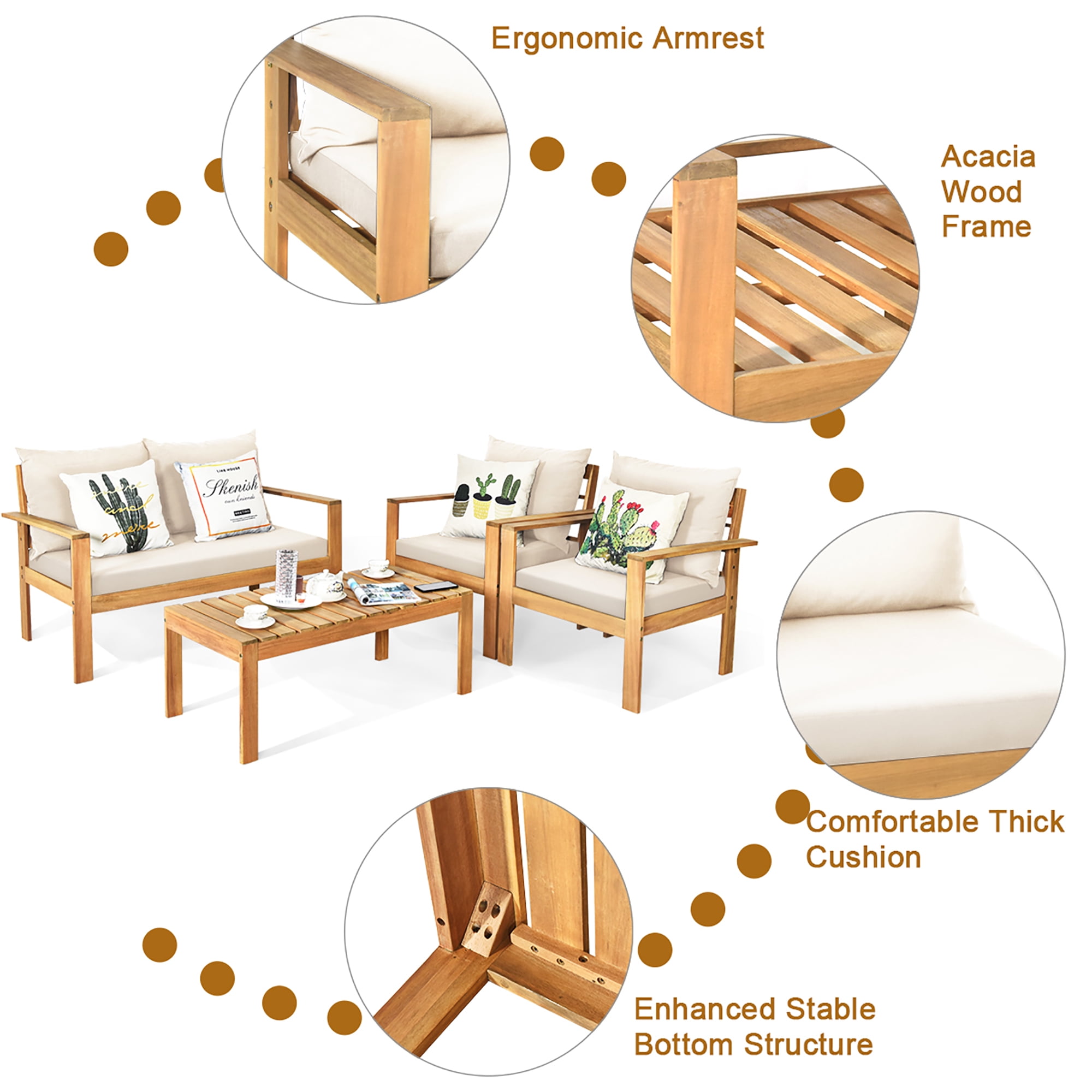 Costway 4PCS Patio Furniture Set Acacia Wood Thick Cushion Loveseat Sofa Off White