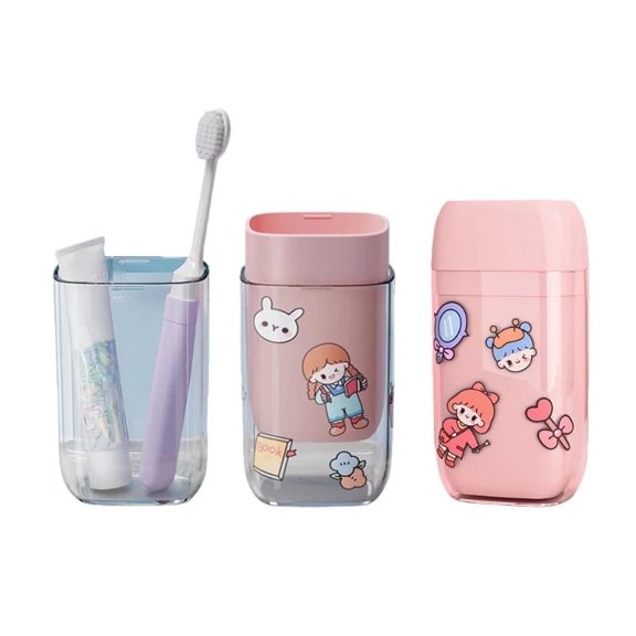 Portable Travel Toothbrush Set - Folding Toothbrush, Toothpaste, Two Cups & DIY Stickers, Compact Travel Kit, (Pink)