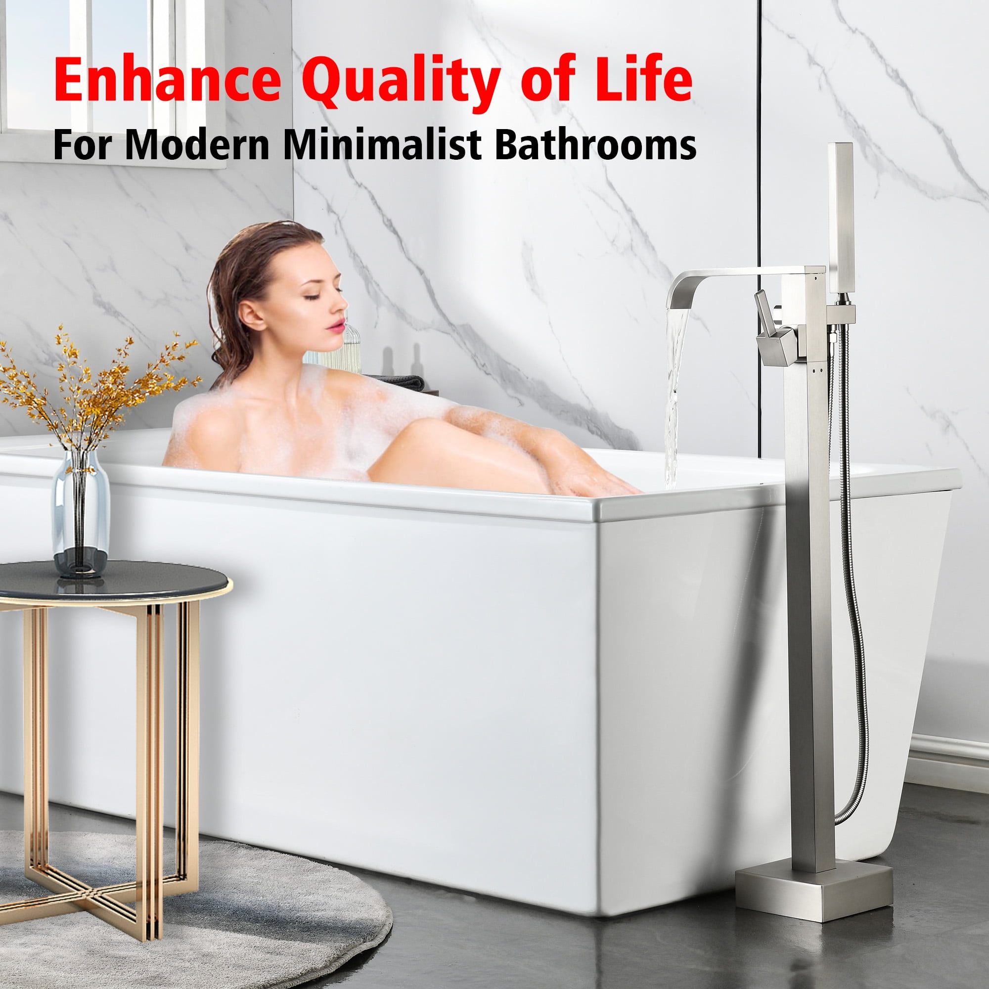 SUMERAIN Modern Floor Mount Bathtub Faucet in Brushed Nickel Finish, Single Handle Waterfall Freestanding Bathroom Tub Filler Faucet with Hand Shower, High Flow