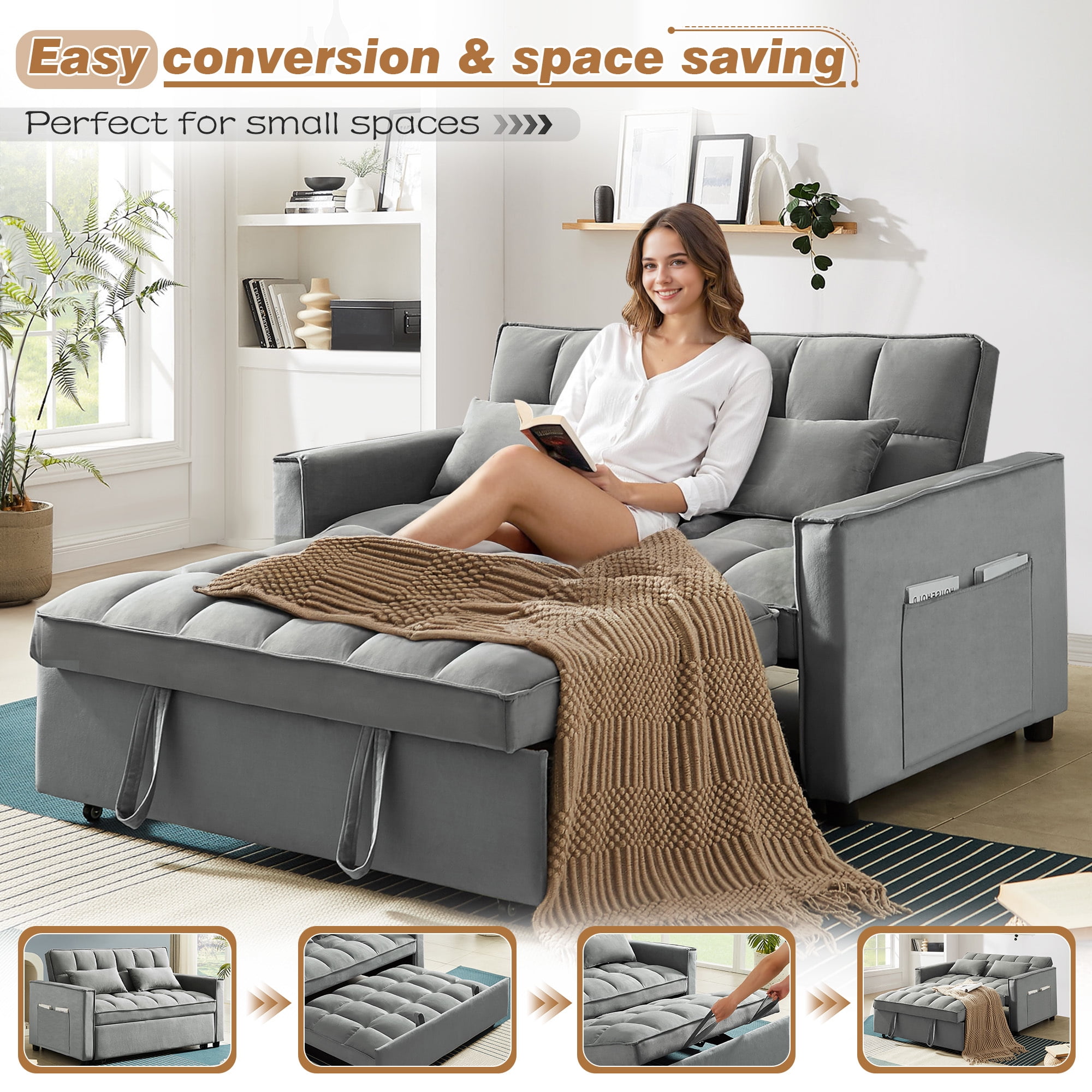 Lunale 4-in-1 Convertible Futon Sofa Bed, Pull Out Couch Beds Loveseat Sleeper, Gray Velvet