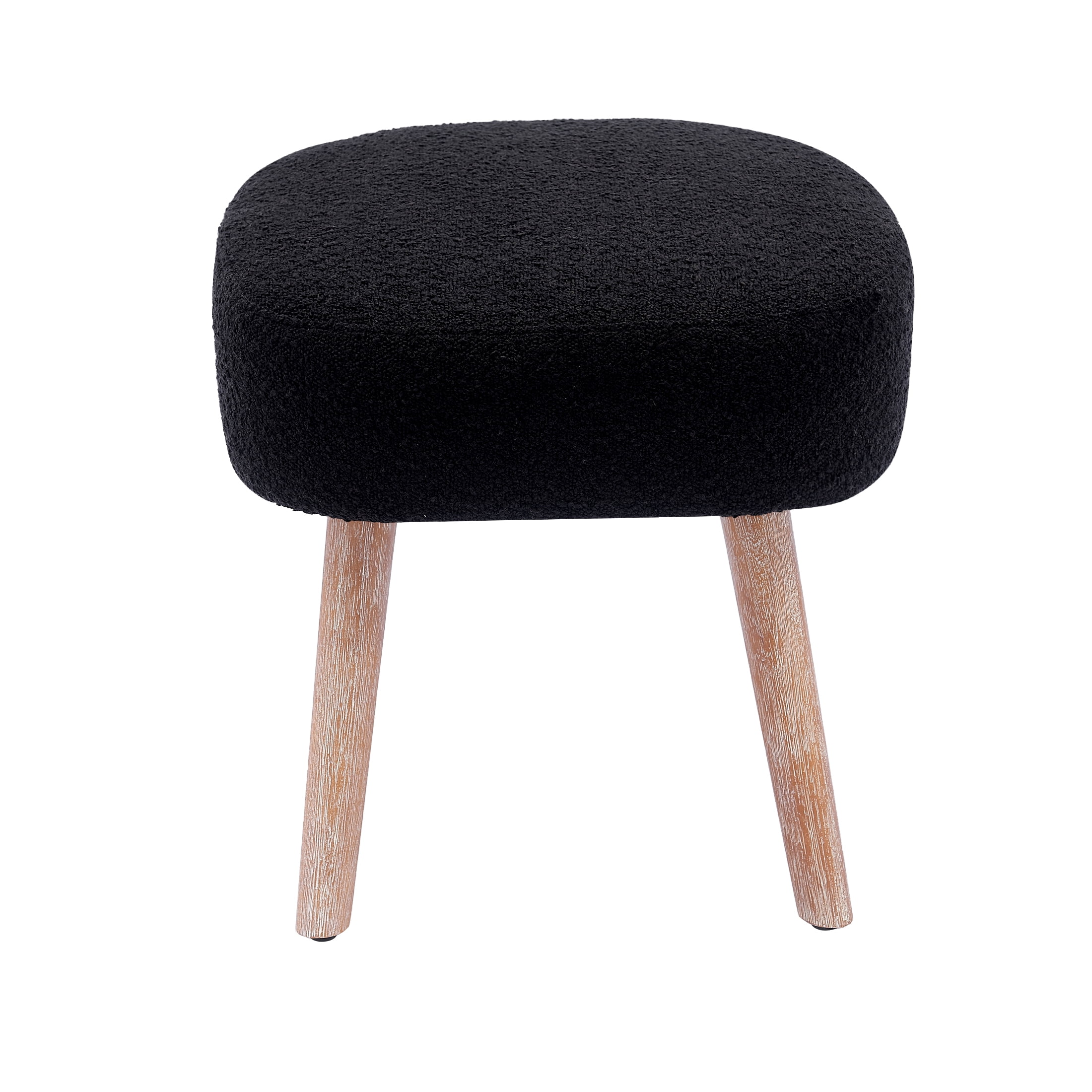 Mid-Century Modern 16.5" Tall Water and Stain Resistant Boucle Fabric Upholstered Ottoman with Wooden Legs, Black