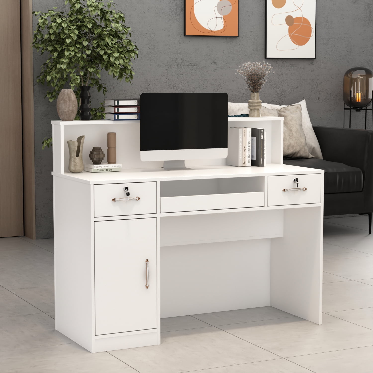 OXYLIFE Reception Desk Front Desk with Keyboard Tray and Lockable Drawer for Office Boutique Lobby