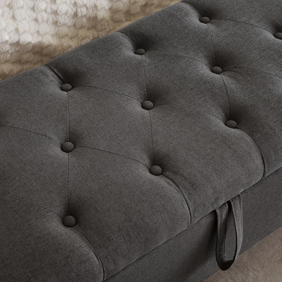 GZXS Multi-Functional Entryway Bench with Hidden Storage & Side Magazine Pocket - 45"L x 17"W x 17"H, Linen Fabric Upholstered Bench Ottoman with Tufted Cushion Seat, 350 lbs Capacity, Dark Gray