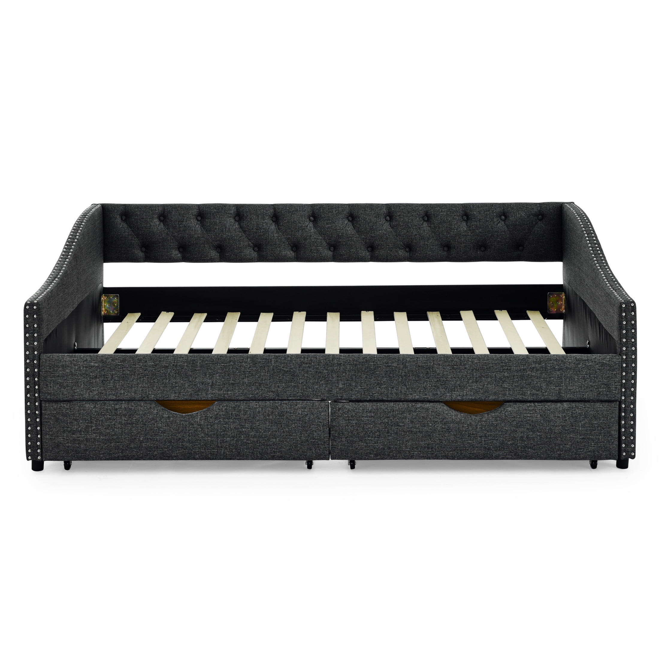 Noble House Brixo Full Size Daybed with Drawers, Linen Upholstered Tufted Sofa Bed with Nailhead Waved Arms, Dark Gray