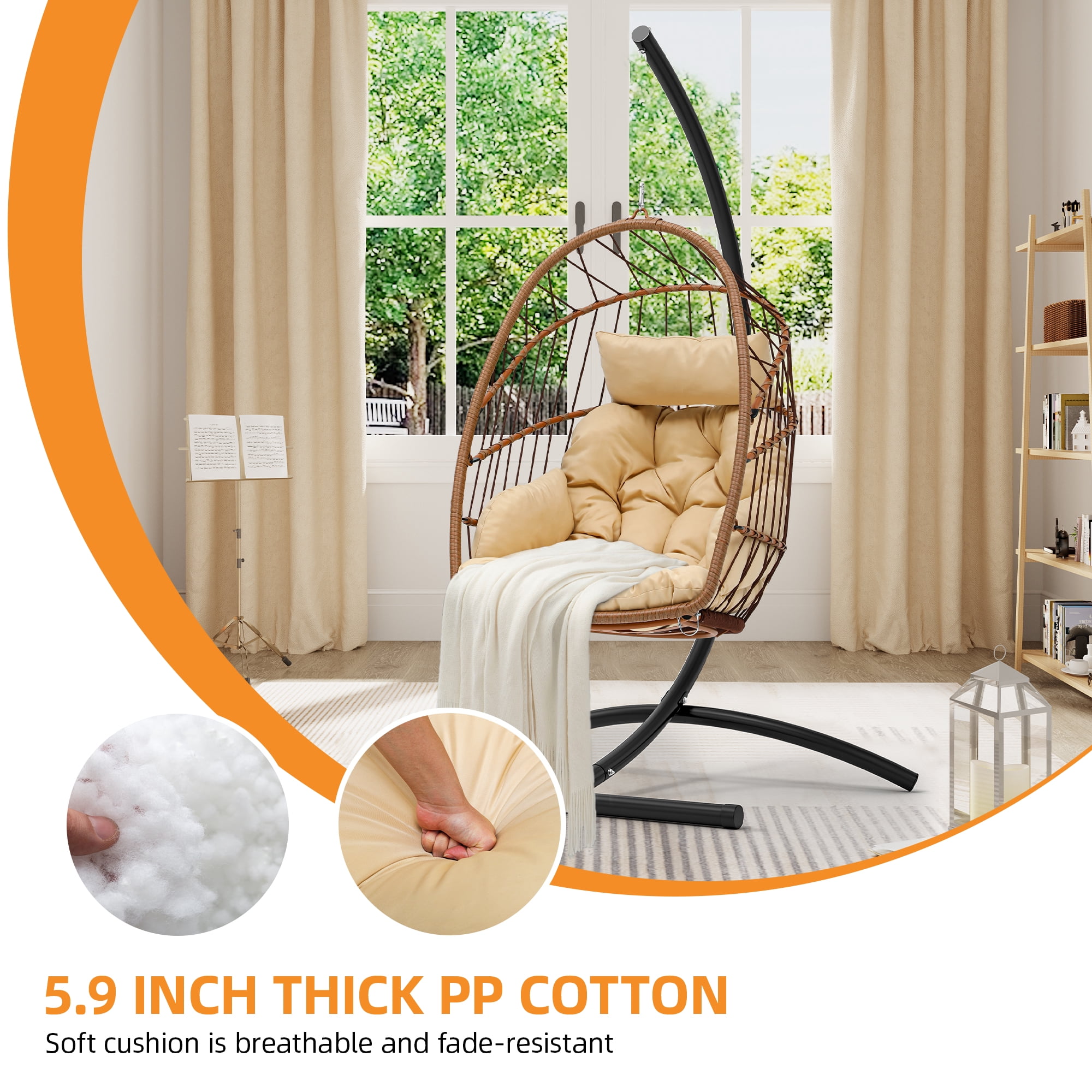 Uforic Hanging Egg Chair with Stand & Cushion, Swing Design, 330 Lbs for Indoor/Outdoor, Brown