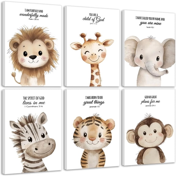6Pcs Nursery Bible Verse Animal Canvas Wall Art Cute Woodland Animals Christian Picture Wall Decor Lions Elephant Giraffe Poster Print Artwork for Classroom BabyBedroom Boys Girls Home Decoration