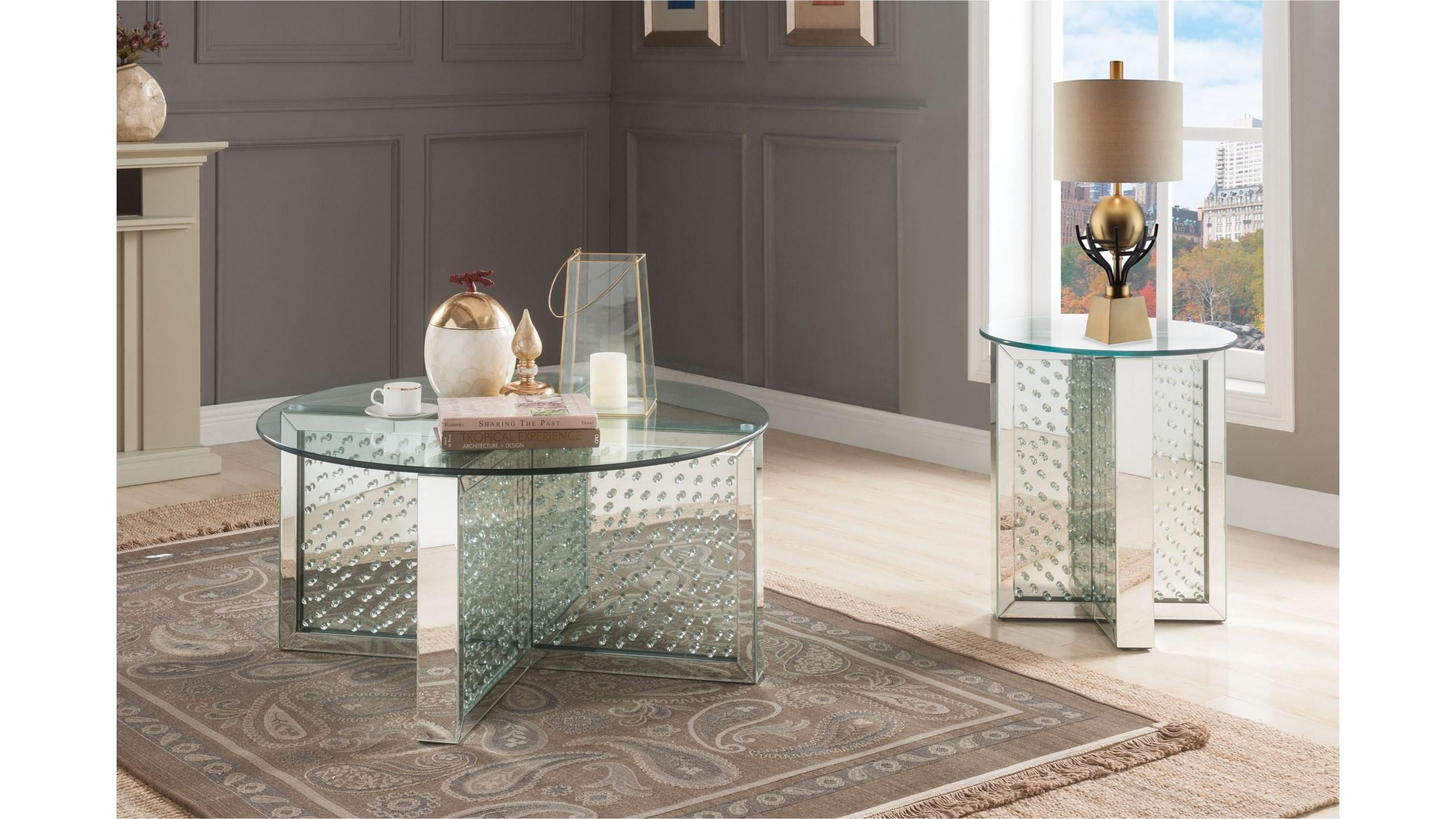 Modern Mirrored & Faux Crystals Coffee Table + 2 End Tables Acme Nysa