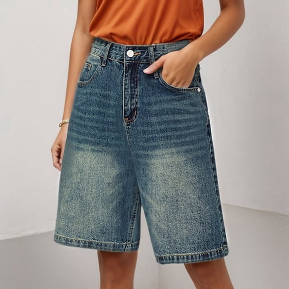 HOWPAY Jean Shorts for Women Relaxed Fit High Waisted Wide Leg Casual Ripped Denim Jorts With Pockets Stretchy Comfy Summer Lounge Shorts Blue L