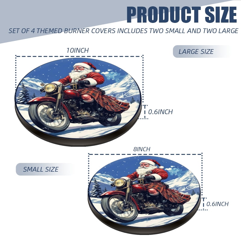 Christmas Round Stove Burner Covers Set of 4, Santa Claus with snowy Winter Motorcycle Mental Durable Xmas Kitchen Holiday Decorative Gas Stove Burner Covers, 8 Inches and 10 Inches