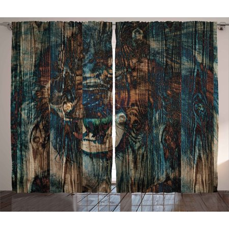 Teal Brown Room Safari Decor Curtains 2 Panels Set, Wild African Animal Big Cat Lion Carved on Grunge Wooden Board Boho Artwork, Window Drapes for Living Room Bedroom, 108W X 90L Inches, Teal Brown, by Ambesonne ()