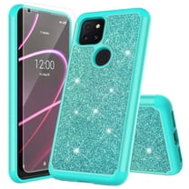 for T-Mobile Revvl 5G with Temper Glass TPU Hard Phone Case Glitter Shock proof Edge Scratch Shield Hybrid Layers Slim Bumper Cover (Teal)
