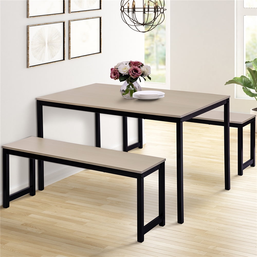 Beige Modern 3 Pieces Dining Room Table Set with Two Benches, 3 Pieces