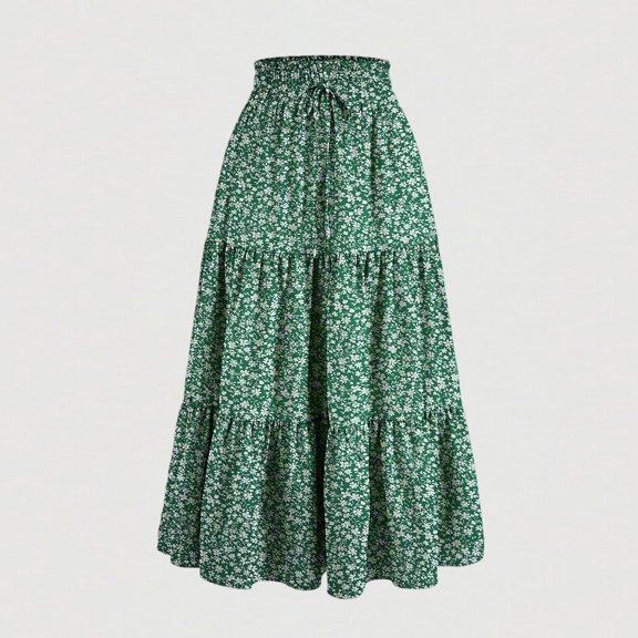 Pleated Midi Skirts for Women Boho Flowy Ruffle Solid Skirts Holiday Beach Vacation A Line Renaissance Skirts, L