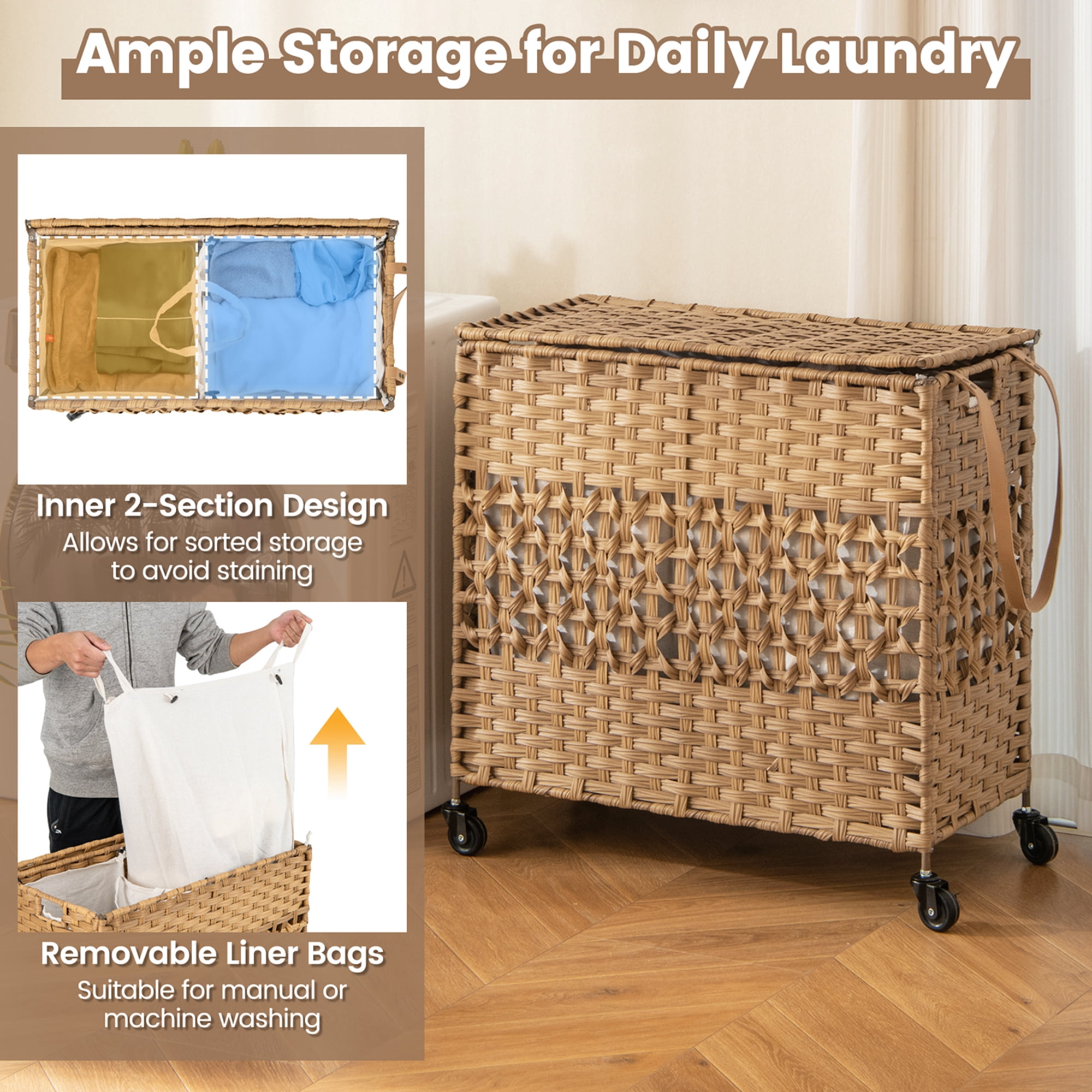 Costway 110L Laundry Hamper with Wheels Clothes Basket Lid & Handle & 2 Liner Bags Natural