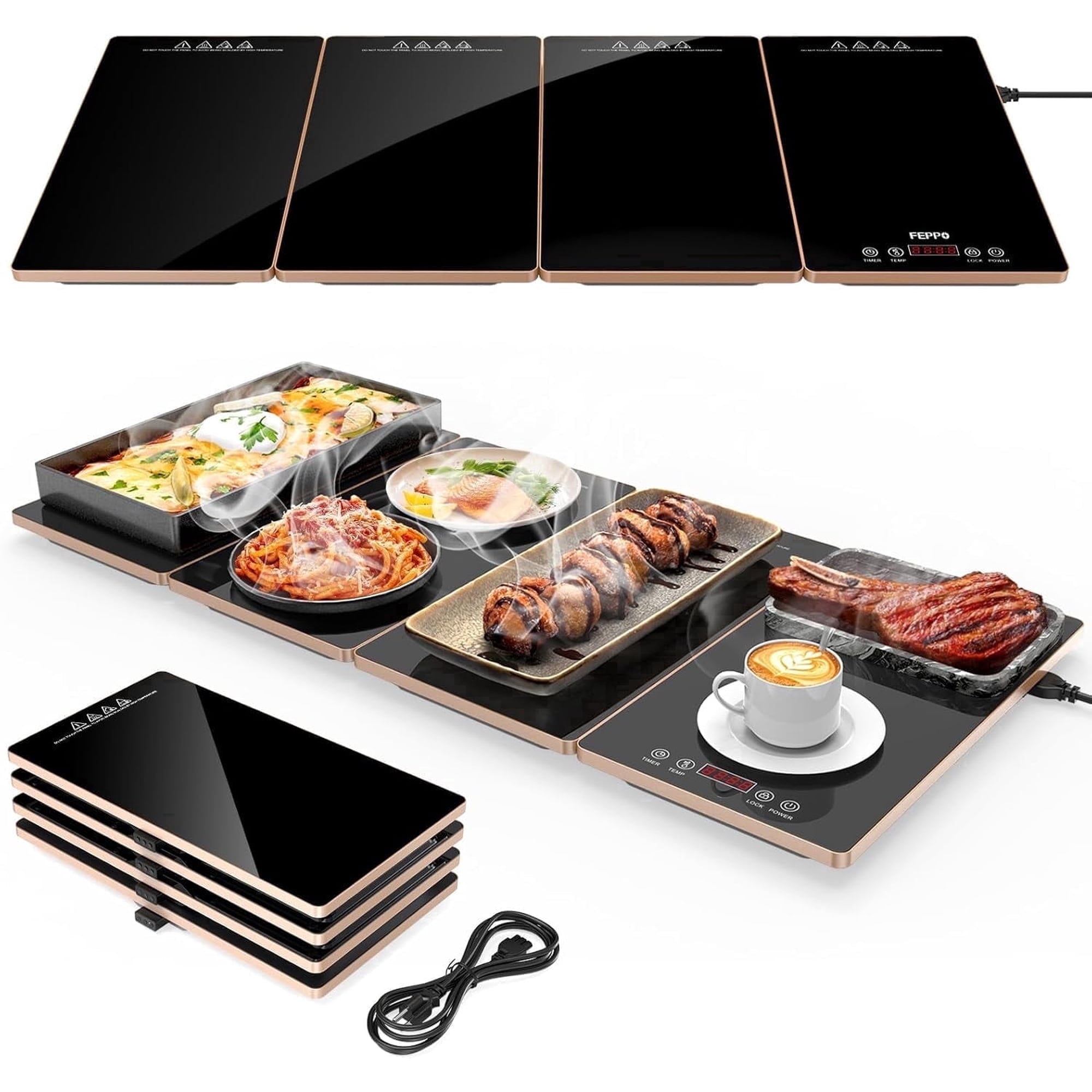 FEPPO Electric Food Warming Tray, 4-in-1 Modular Buffet Food Warmer Mat with 10 Temp Settings & 6-Hour Timer, 33"x15" Glass Surface, Warming Tray for Buffet Parties (Black)