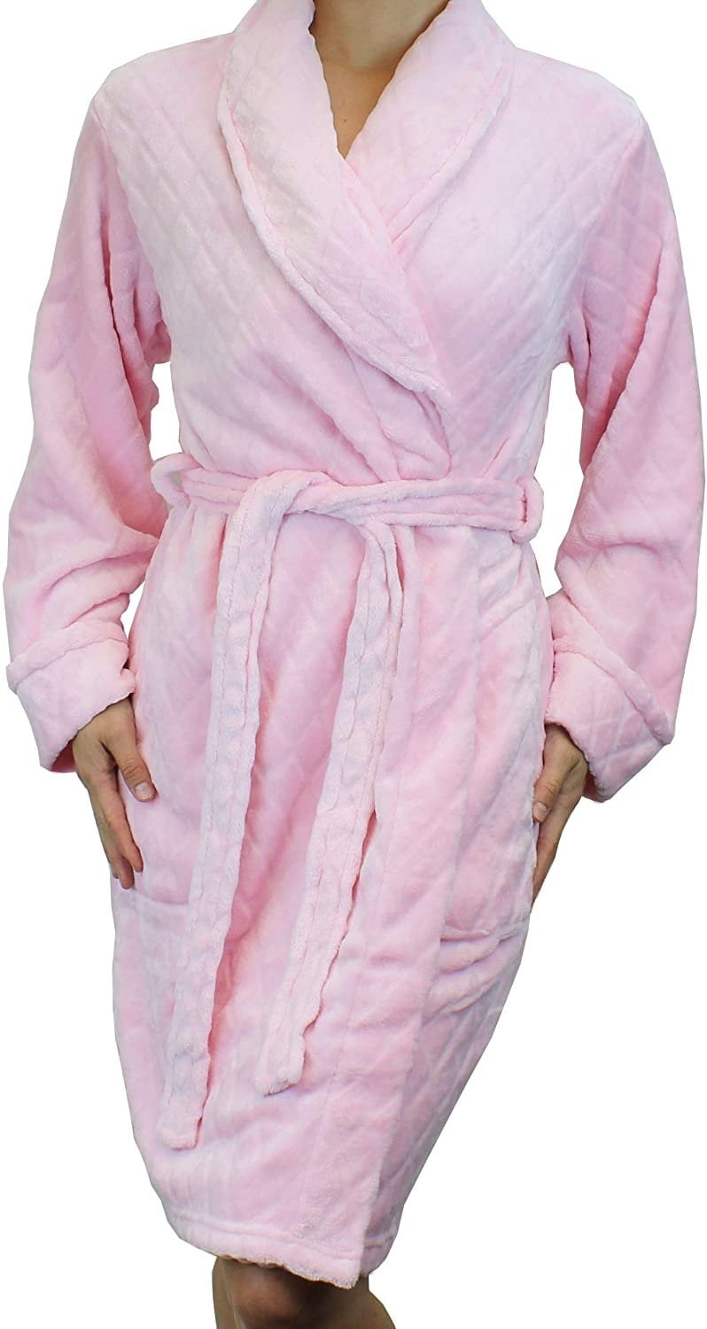 Women's Quilted Pattern Warm Fleece Robe Plush Soft Short Bathrobe