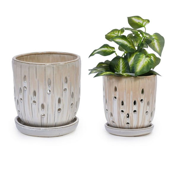CQSXDA 2-Pack Brown Antique White Ceramic Planters, 7" 5" Modern Indoor Outdoor Flower Pot w/Drainage