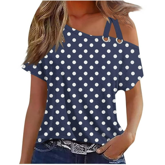 Fengactive Womens Short Sleeve One Shoulder Tops Crisscross Strappy Shirts Polka Dot Tunic Blouse