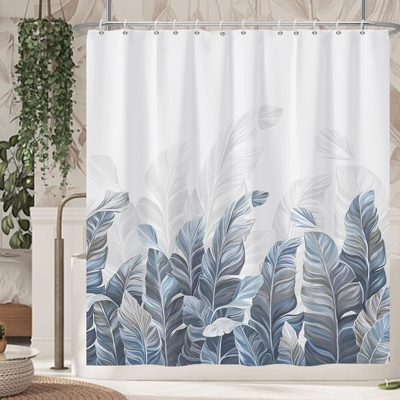 Blue Leaves Shower Curtain, Modern Plants Floral Leaves Bathroom Curtain, Minimalist Natural Botanical Shower Curtain Set with 12 Hooks for Bathroom, 72Wx84L