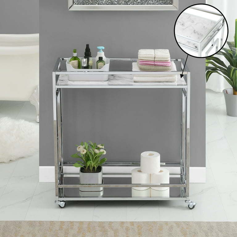 Town Square Chrome & White Marble Console Table - 2-Tier Glass Shelf, 42 Inch Long