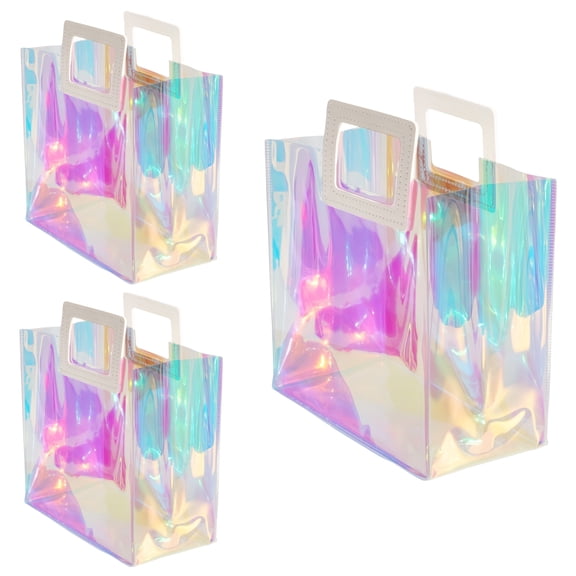 3 Pcs Holographic Clear Plastic Small Gift Bag for Party (8.5x8.1x4.1 inches)