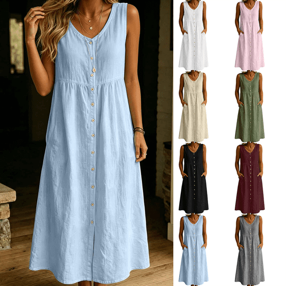 Dvprdro Womens Casual Summer Maxi Dress Linen V Neck Sleeveless Button Down Side Pockets Beach