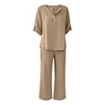 thumbnail image 6 of Women's 2 Piece Lounge Set, 3/4 Sleeve V Neck Casual Top and Wide Leg Pants, Soft Material Matching Outfit for Daily Wear, Beach Travel and Relaxation-Khaki, 6 of 7
