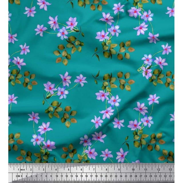 Soimoi polyester Crepe Fabric Leaves & Wild Flower Floral Print Fabric by the Yard 52 Inch Wide