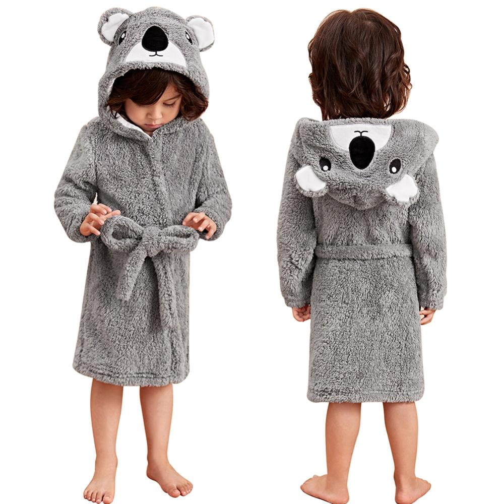Girls Boys Bathrobes,Plush Soft Cartoon Flannel Hooded Pocket Sleepwear for Kids 