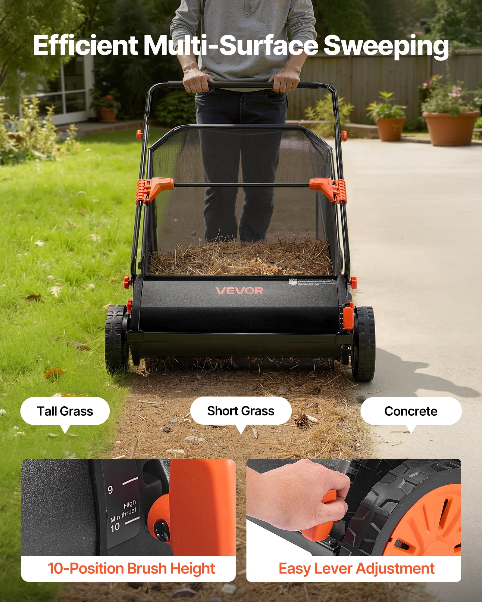 VEVOR Push Lawn Sweeper, 30 in Leaf & Grass Collector with 12 cu. ft. Hopper Bag, Adjustable Brush Height & Spinning Brushes, Heavy Duty Yard Sweeper with Rubber Wheels for Leaves Grass Cleanup