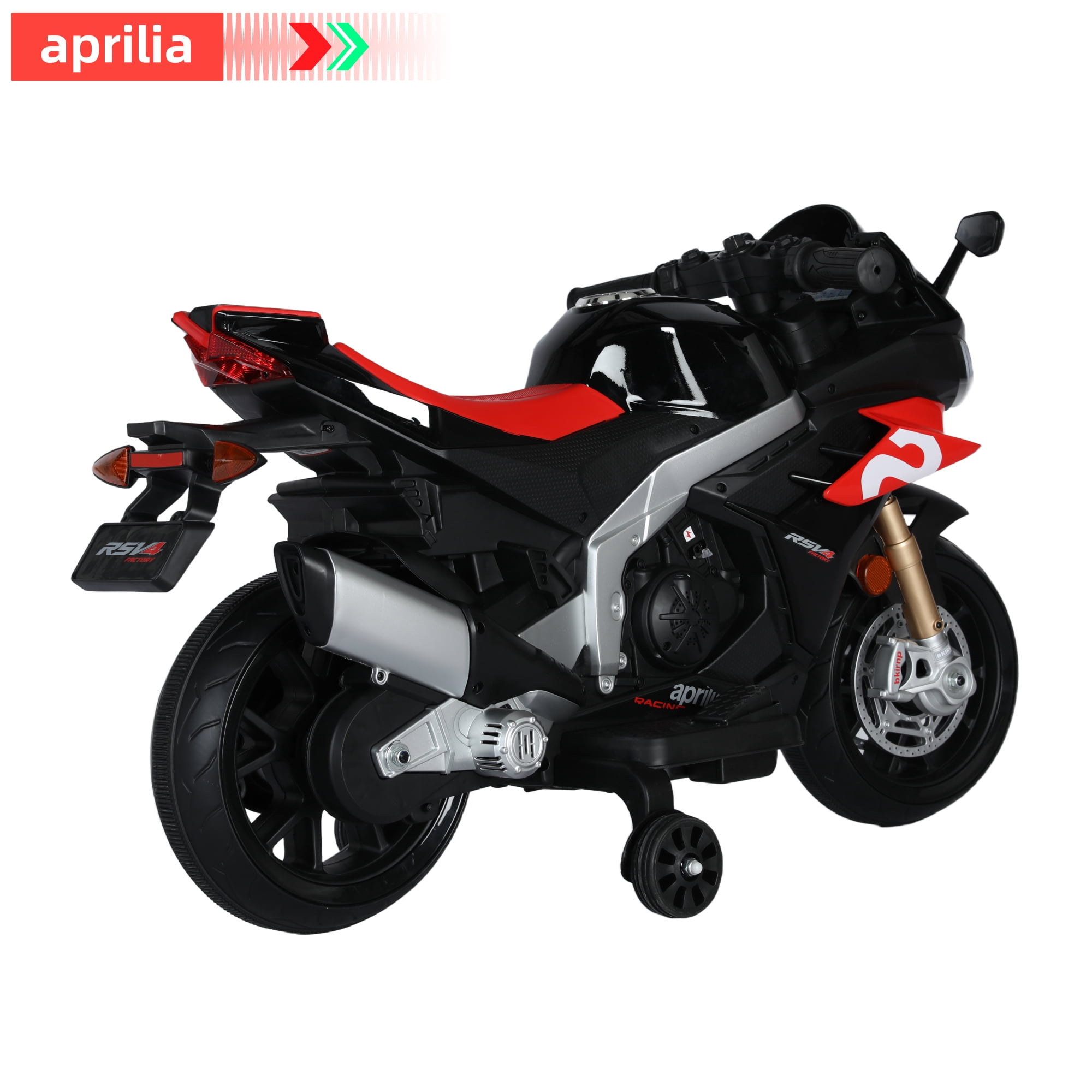 HEIMILI Black 12V Aprilia Kids Motorcycle Training Wheels Battery Motorbike w/Bluetooth Music LED Lights