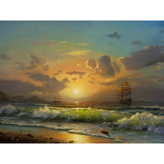 Art.com Sailboat Against A Background Of Sea Sunset, Oil Painting Art Print by Lilun, 16" x 12"