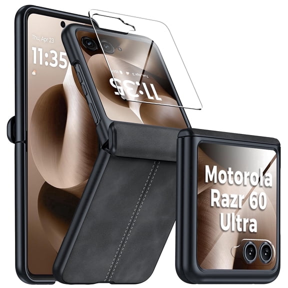 Vizvera for Motorola Razr 2026/2025/2024 Ultra Phone Case,with Screen Protecto r& Wireless Charging & Ultra Thin PU Leather PC Shockproof Case-Black
