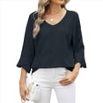 thumbnail image 3 of Camiseta de Mujer con Cuello en V, Mangas 3/4 con Volantes y Ojales, Blusa Informal, Estilo Túnica, Tendencia 2025 Negro XXL, 3 of 9