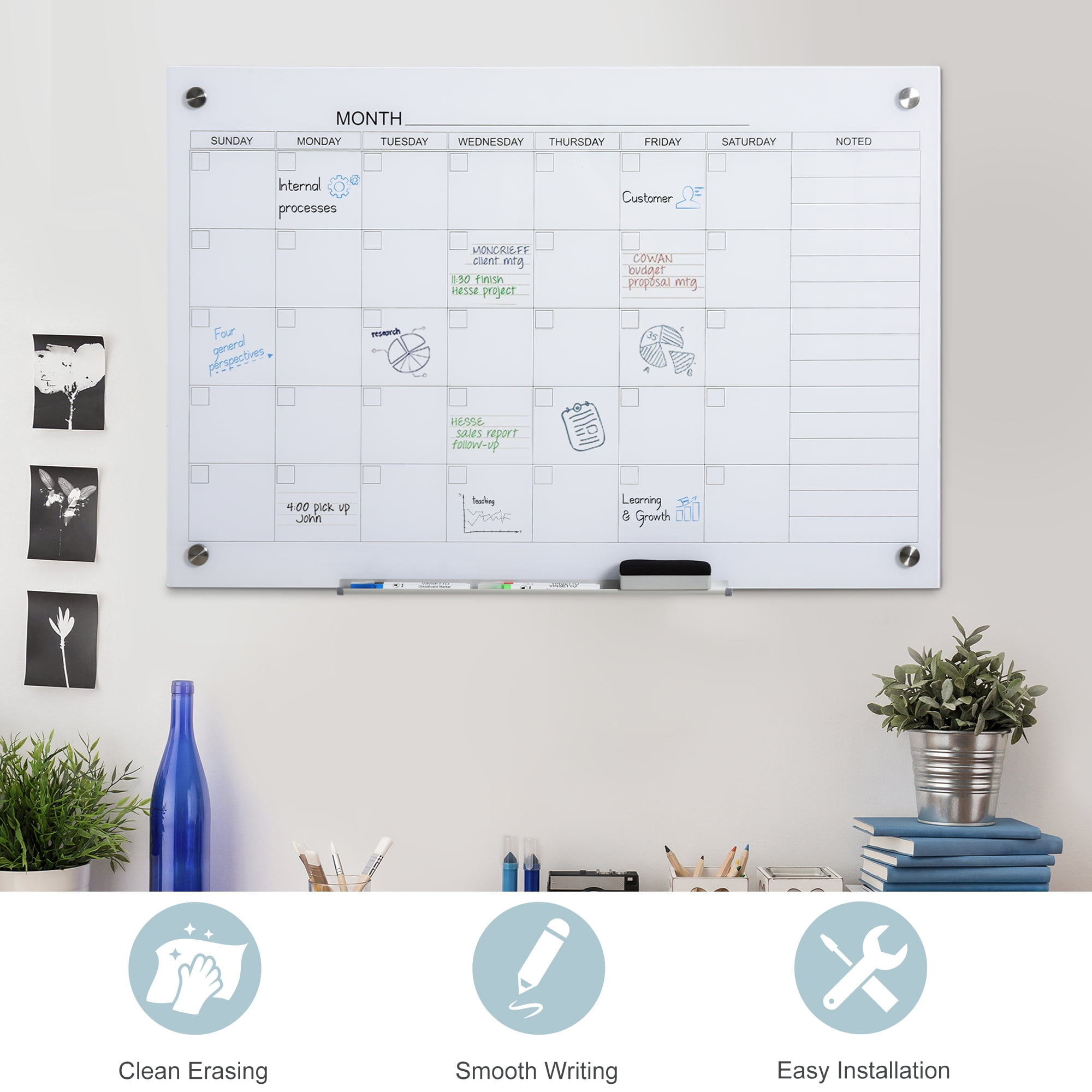 Vinsetto 35"x23" Dry Erase Wall Calendar Glass Whiteboard Monthly Planner for Homeschool Supplies & Home Office Organization w/ 4 Markers and Eraser